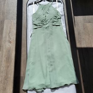 Sage/mint green dress knee length high neck flowy semi formal azazie dress